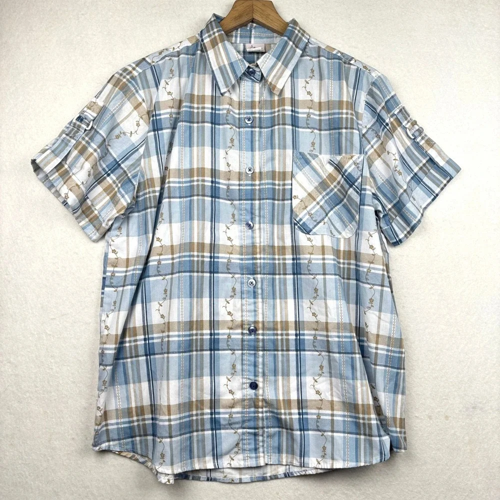 Adrian Delafield Shirt Womens L Plaid Floral Embroidered Button FrontCottagecore